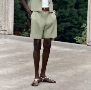 ZARA Linen Pleated Belted Bermuda Shorts